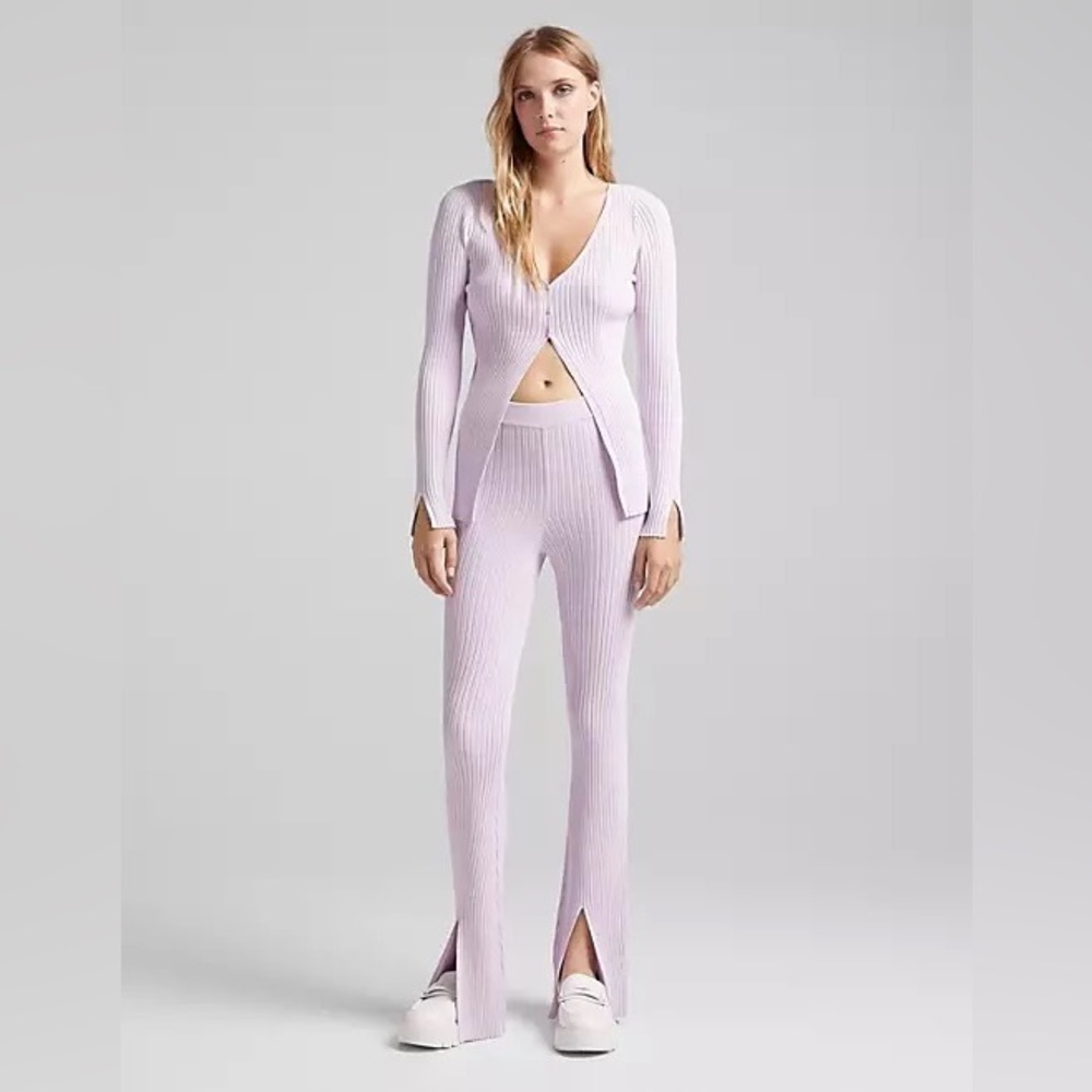 Bershka knitted rib detail button cardigan / pants set in Lilac, new with tags